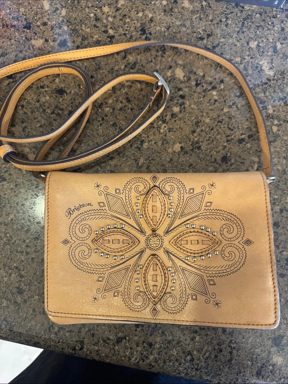 Brighton Camel light yellow Crossbody with Embossed Floral Medallion sm purse